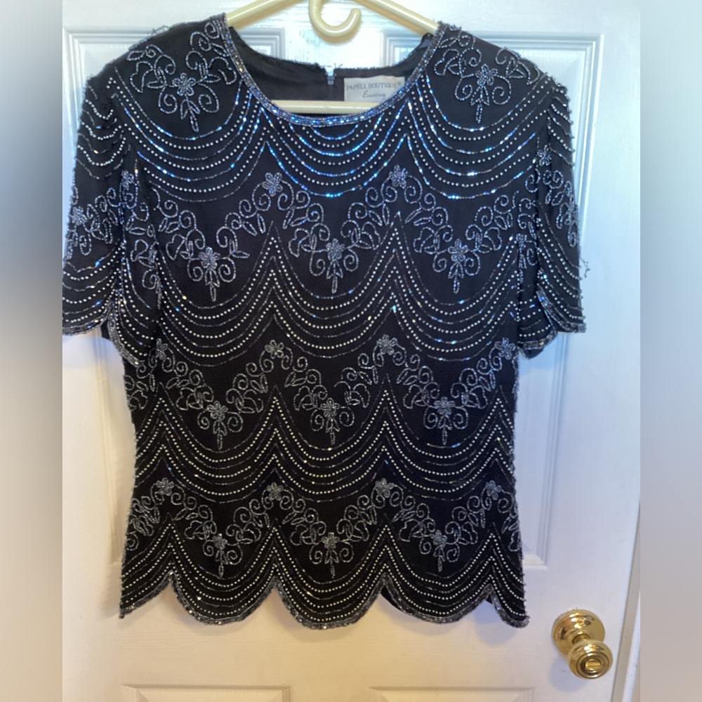Papell Boutique Elegant Black and Silver Embellished Women's Top